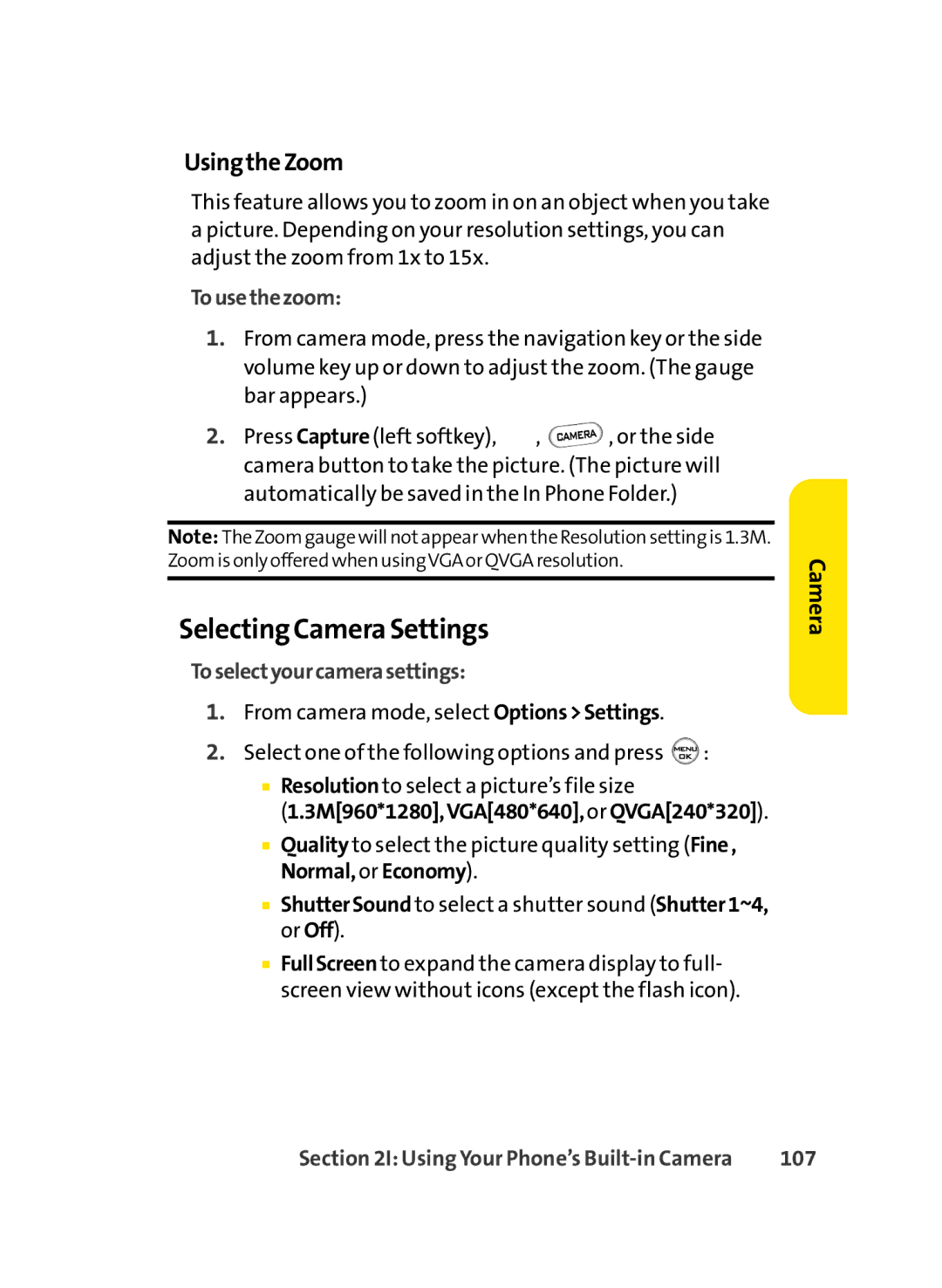 Sprint Nextel LX350 manual Selecting Camera Settings, UsingtheZoom, Tousethezoom, Toselectyourcamerasettings, 107 