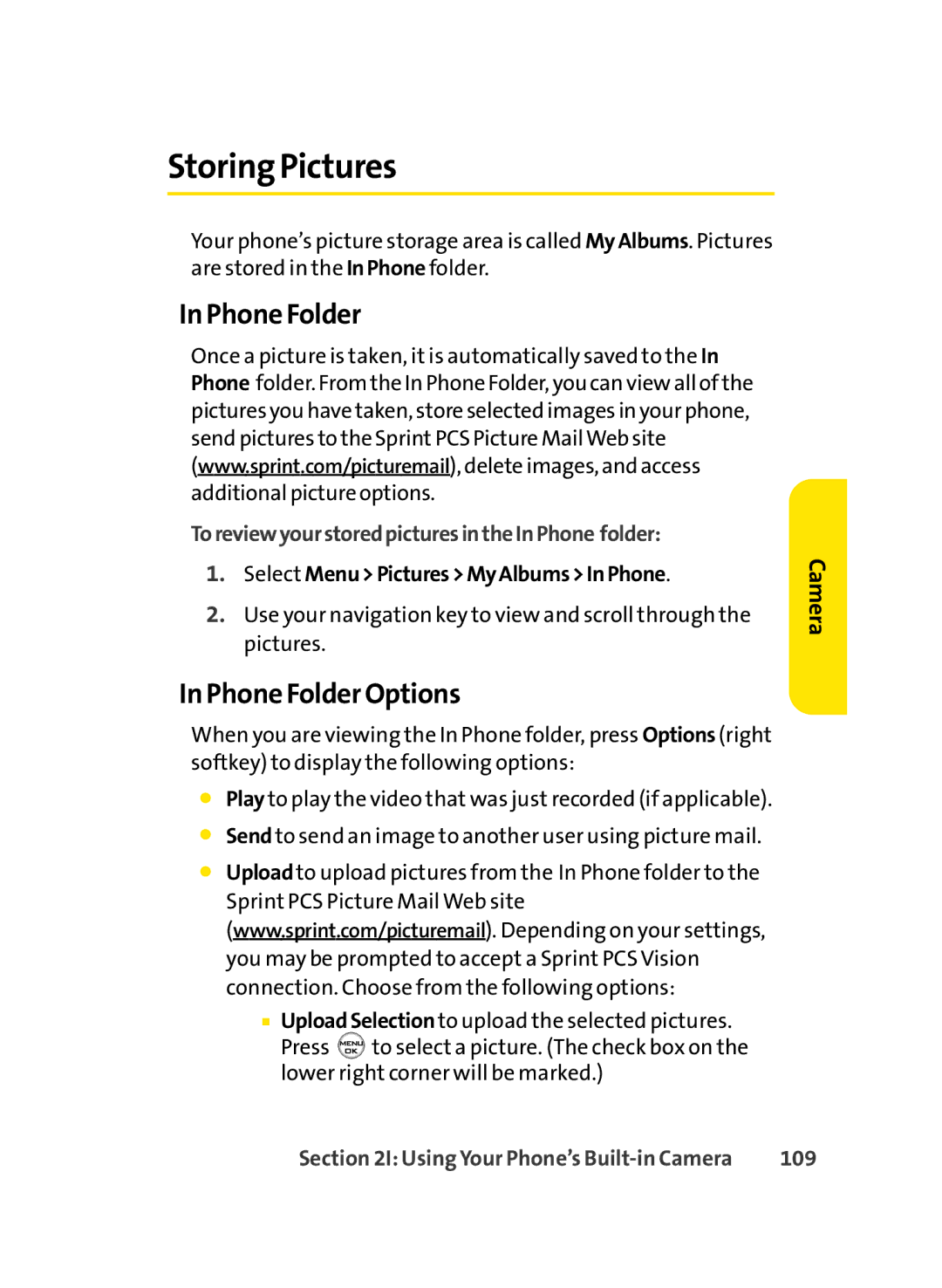 Sprint Nextel LX350 manual Storing Pictures, Phone Folder Options, ToreviewyourstoredpicturesintheInPhone folder, 109 