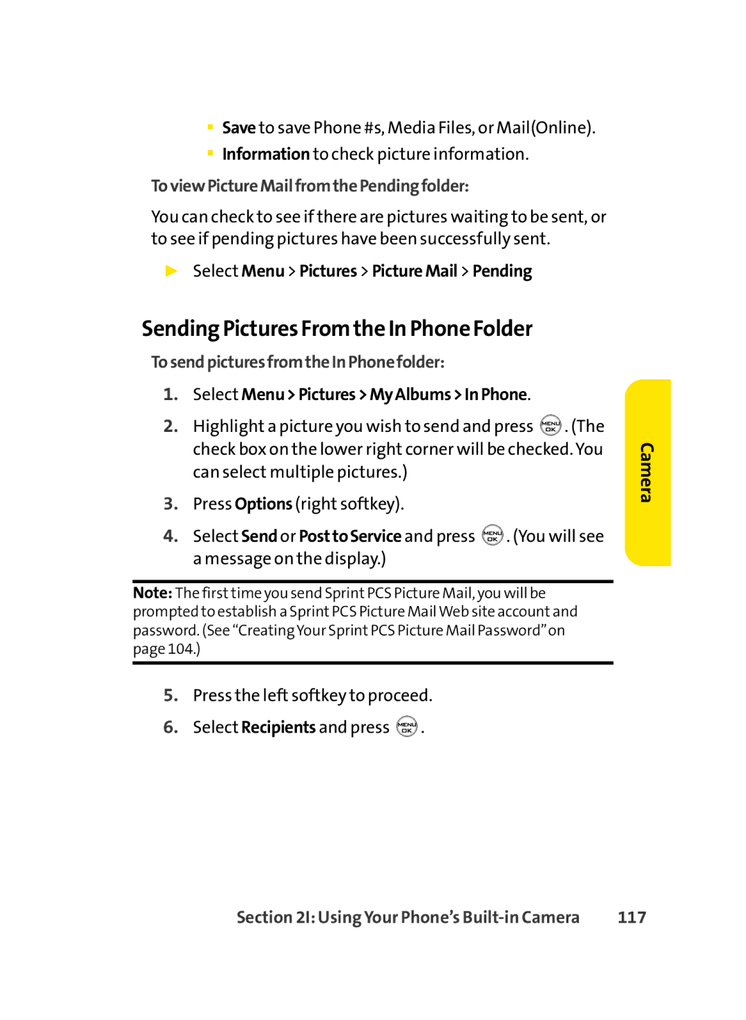 Sprint Nextel LX350 manual SendingPictures From the In Phone Folder, ToviewPictureMailfromthePendingfolder, 117 
