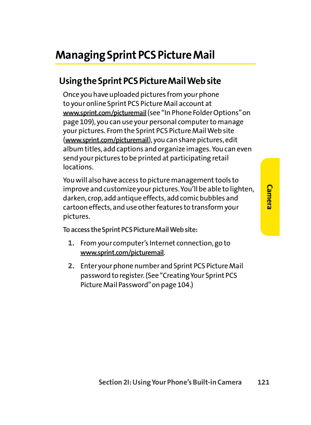 Sprint Nextel LX350 manual Managing SprintPCS Picture Mail, Using the SprintPCS Picture Mail Web site, 121 