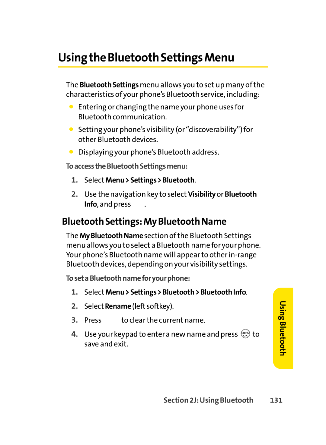 Sprint Nextel LX350 manual Using the Bluetooth Settings Menu, Bluetooth Settings My Bluetooth Name, 131 