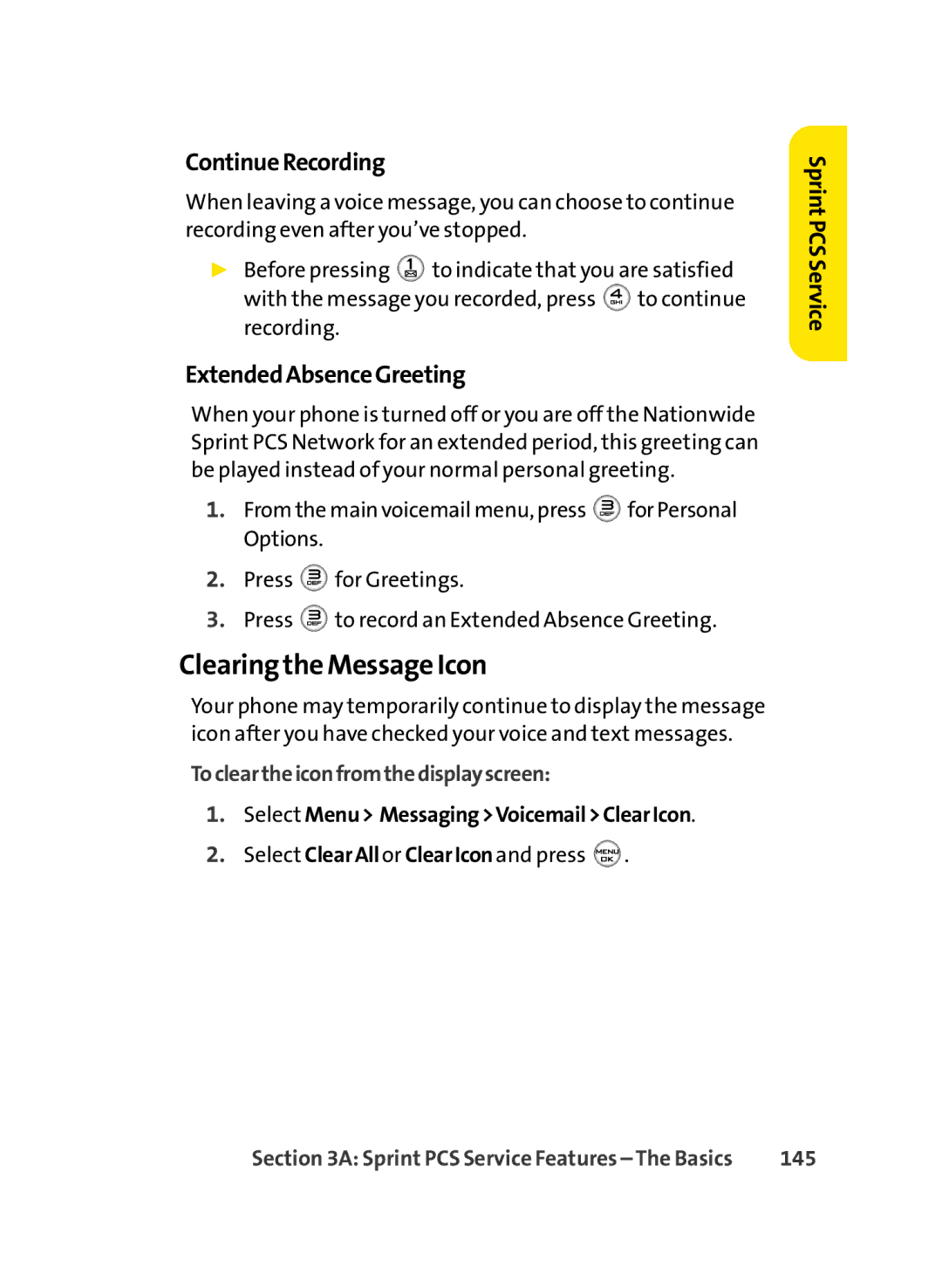 Sprint Nextel LX350 manual Clearing the Message Icon, ContinueRecording, ExtendedAbsenceGreeting, 145 