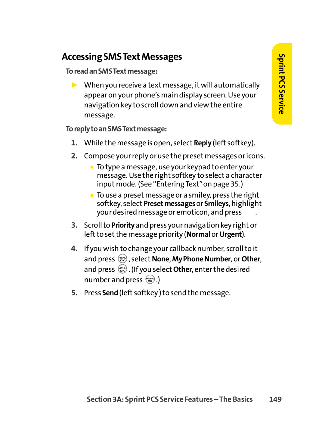 Sprint Nextel LX350 manual Accessing SMSTextMessages, ToreadanSMSTextmessage, ToreplytoanSMSTextmessage, 149 