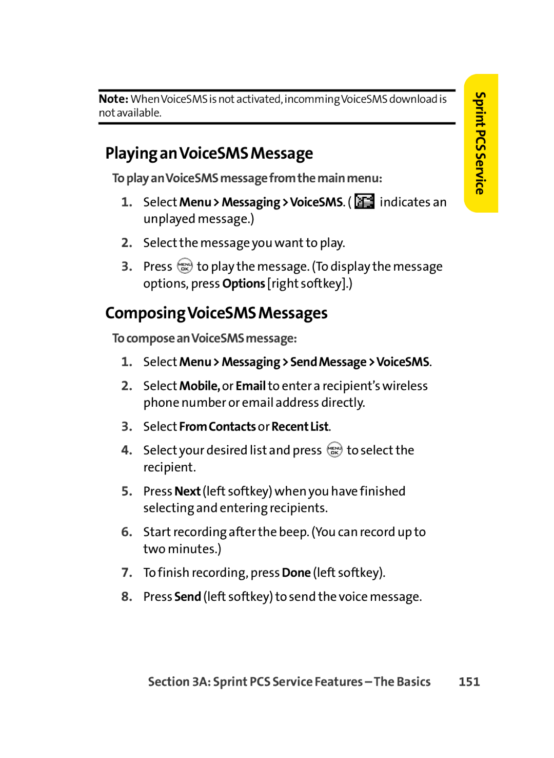 Sprint Nextel LX350 Playing anVoiceSMS Message, ComposingVoiceSMS Messages, ToplayanVoiceSMSmessagefromthemainmenu, 151 