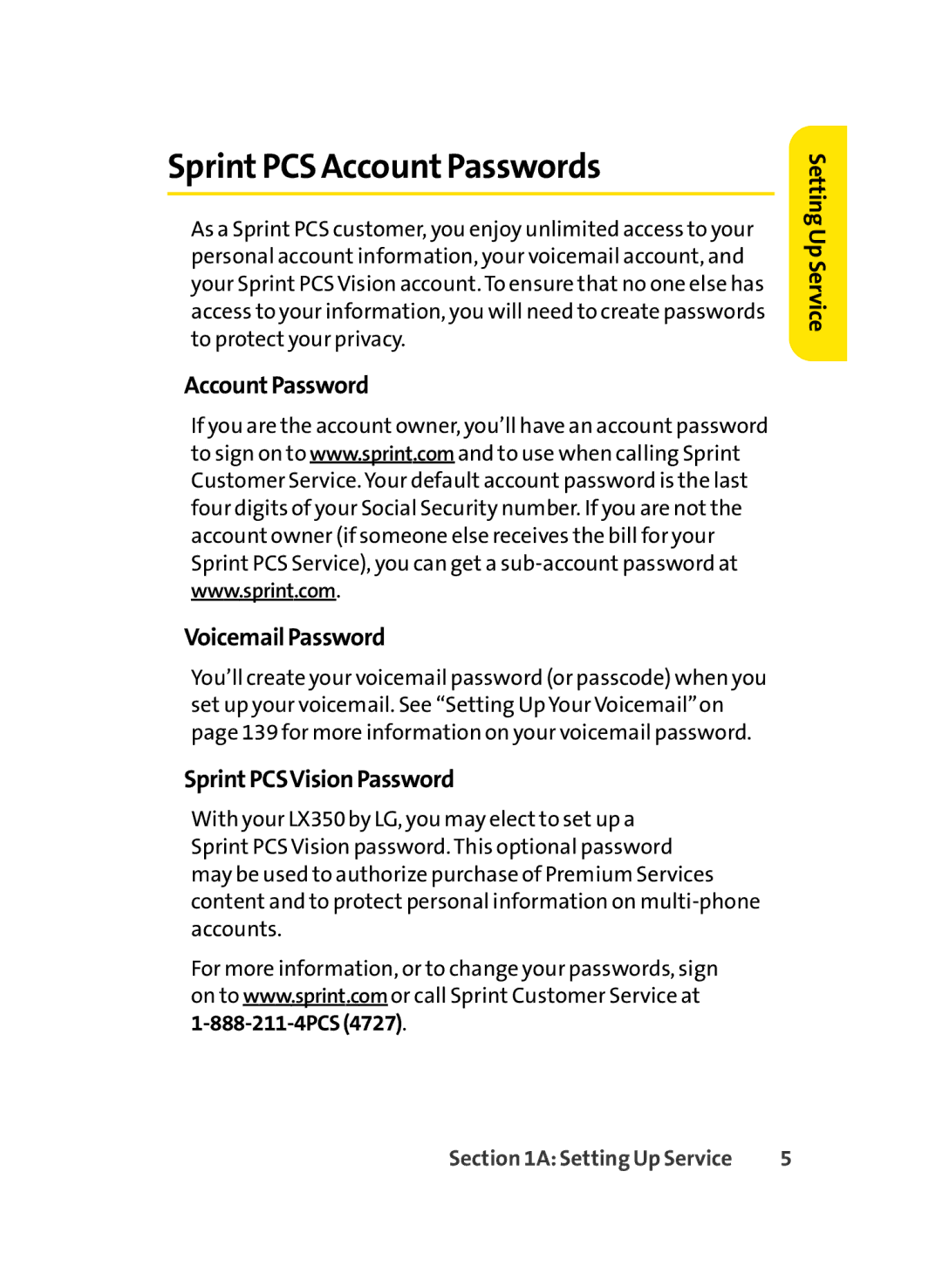 Sprint Nextel LX350 manual SprintPCS AccountPasswords, Account Password VoicemailPassword, SprintPCSVisionPassword 