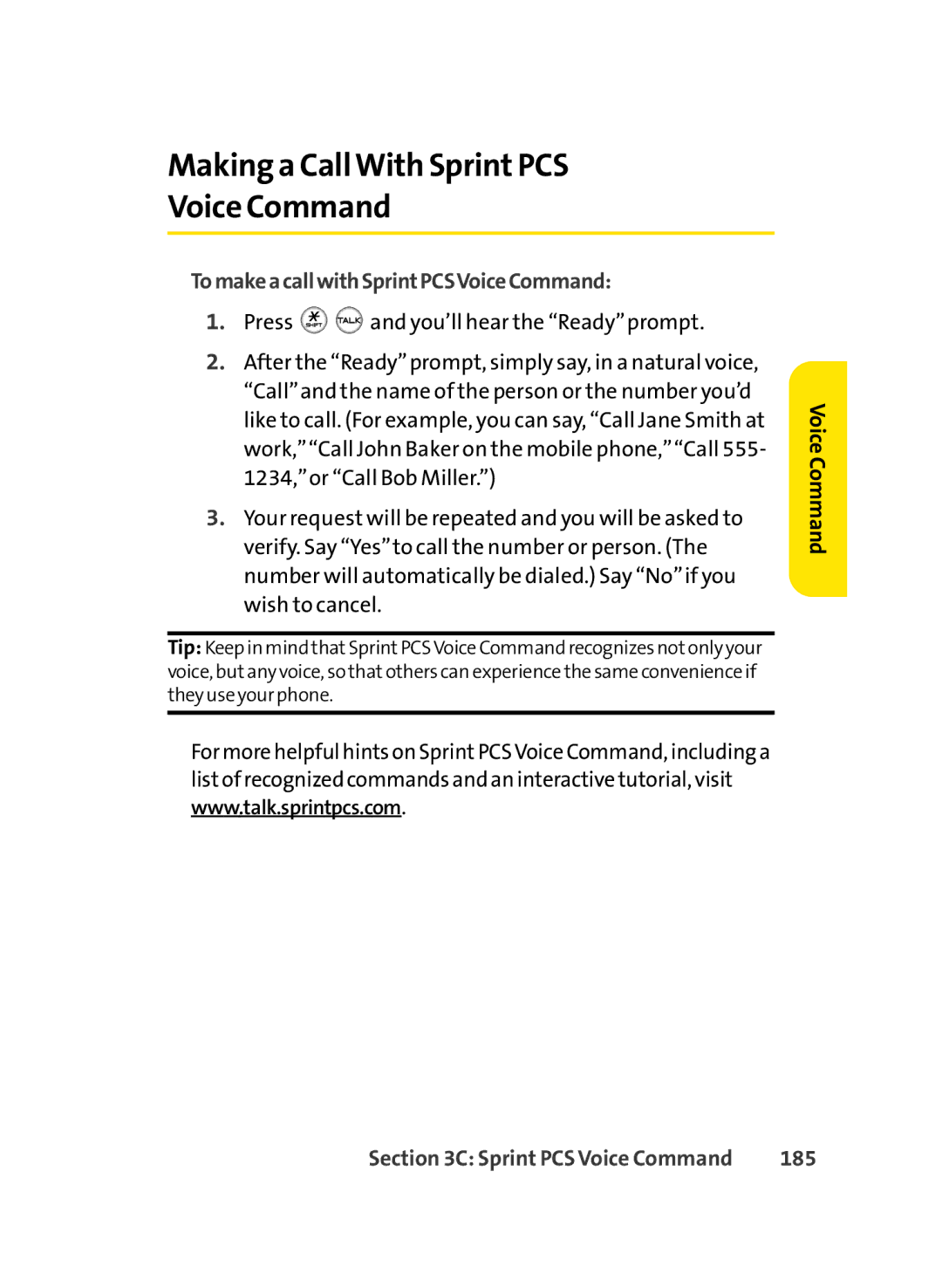 Sprint Nextel LX350 manual TomakeacallwithSprintPCSVoiceCommand, 185 
