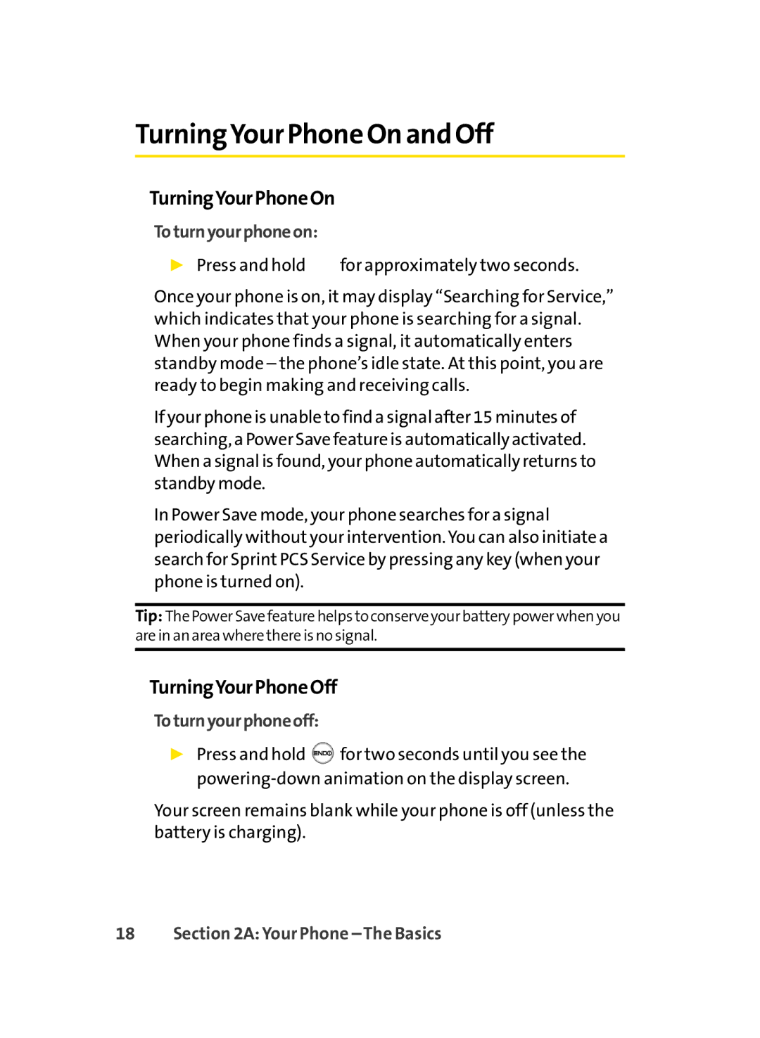 Sprint Nextel LX350 manual TurningYour Phone On and Off, TurningYourPhoneOn, TurningYourPhoneOff, Toturnyourphoneon 