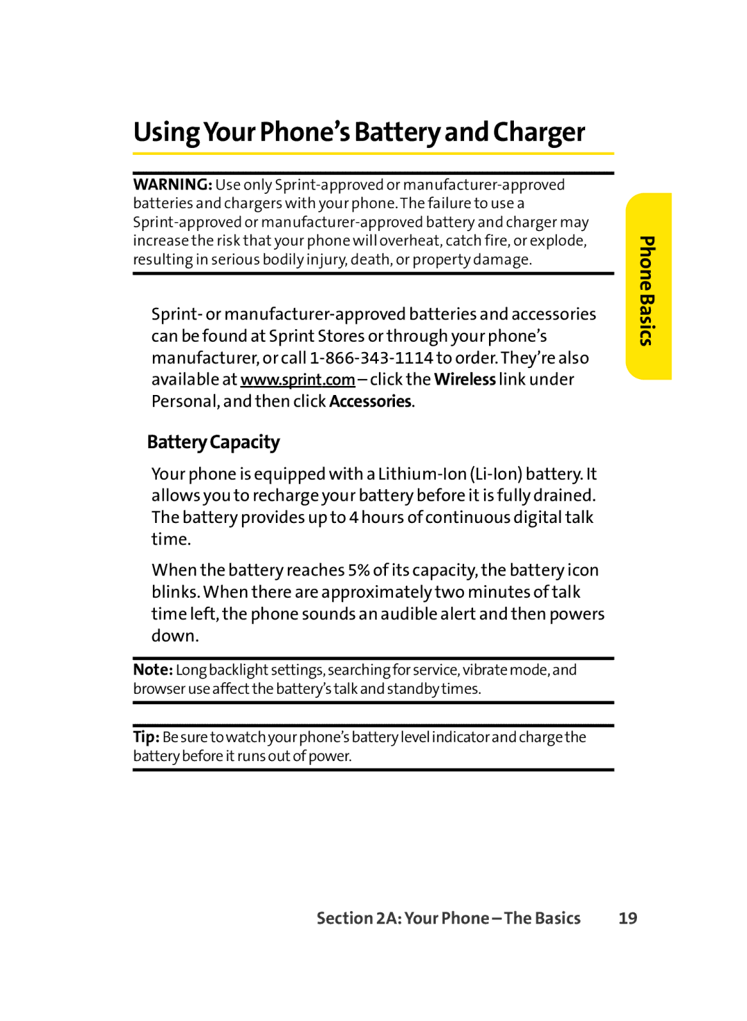 Sprint Nextel LX350 manual UsingYour Phone’s Batteryand Charger, BatteryCapacity 