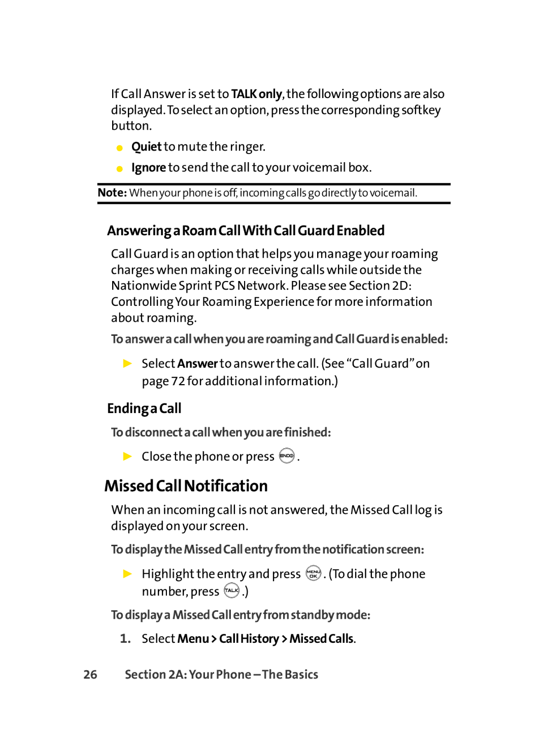 Sprint Nextel LX350 manual Missed Call Notification, AnsweringaRoamCallWithCallGuardEnabled, EndingaCall 