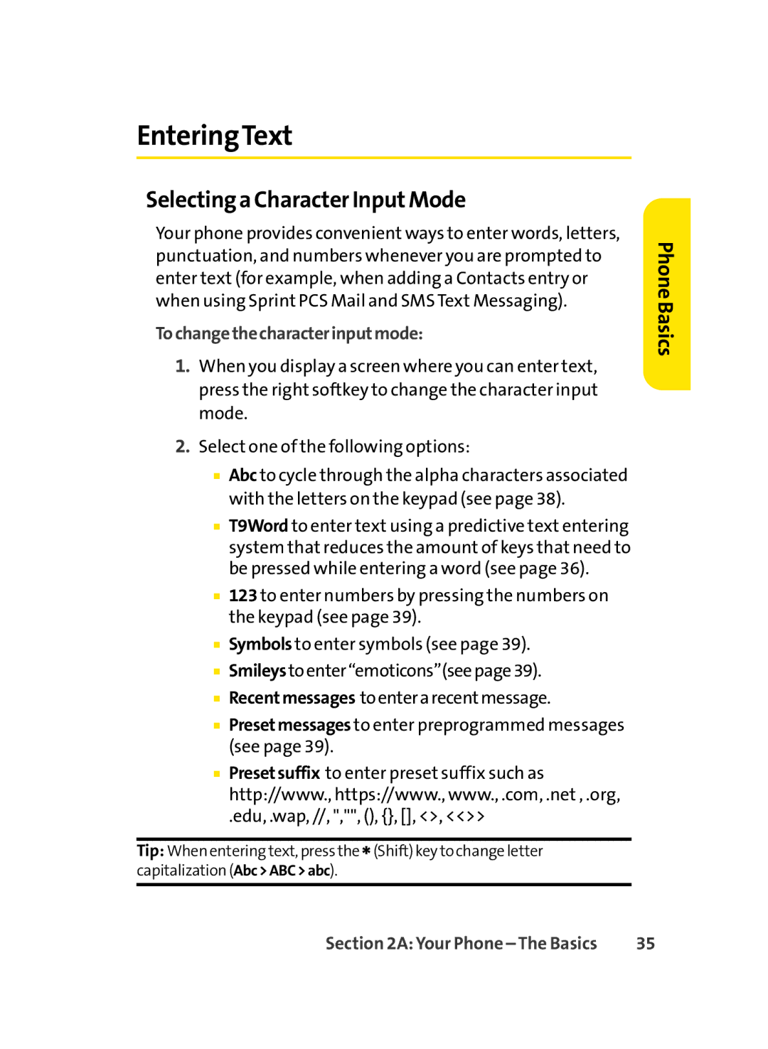 Sprint Nextel LX350 manual EnteringText, Selectinga Character InputMode, Tochangethecharacterinputmode 