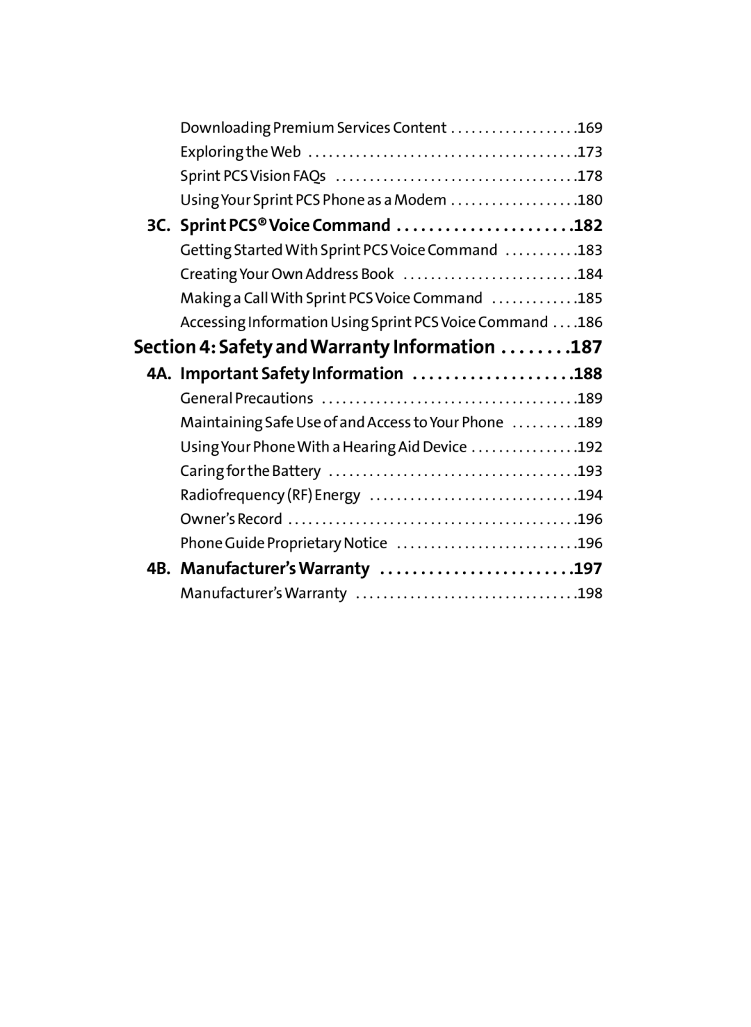 Sprint Nextel LX350 manual 3C. Sprint PCS Voice Command, 4A. Important Safety Information, 4B. Manufacturer’s Warranty 