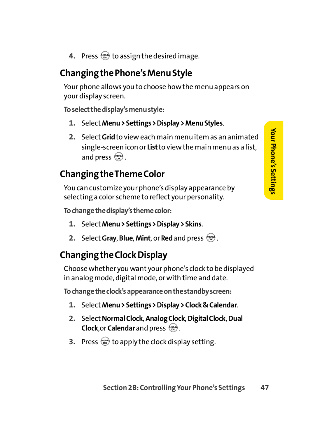 Sprint Nextel LX350 manual Changing the Phone’s Menu Style, Changing theTheme Color, Changing the Clock Display 
