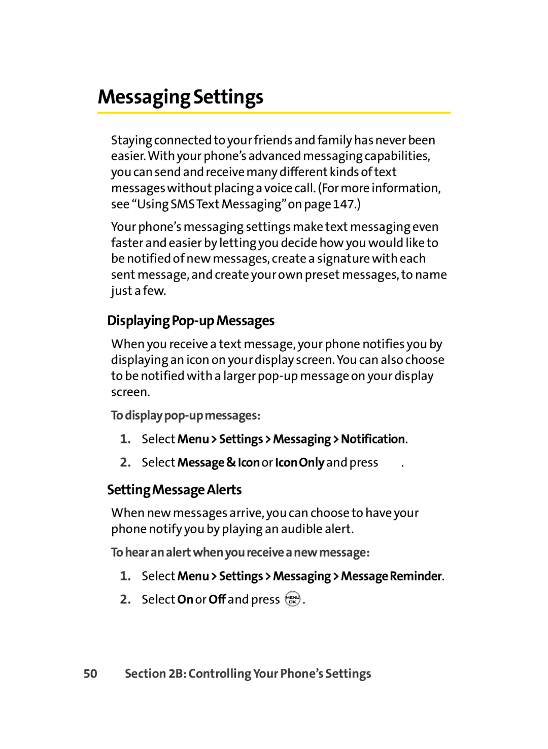 Sprint Nextel LX350 manual Messaging Settings, DisplayingPop-upMessages, SettingMessageAlerts, Todisplaypop-upmessages 