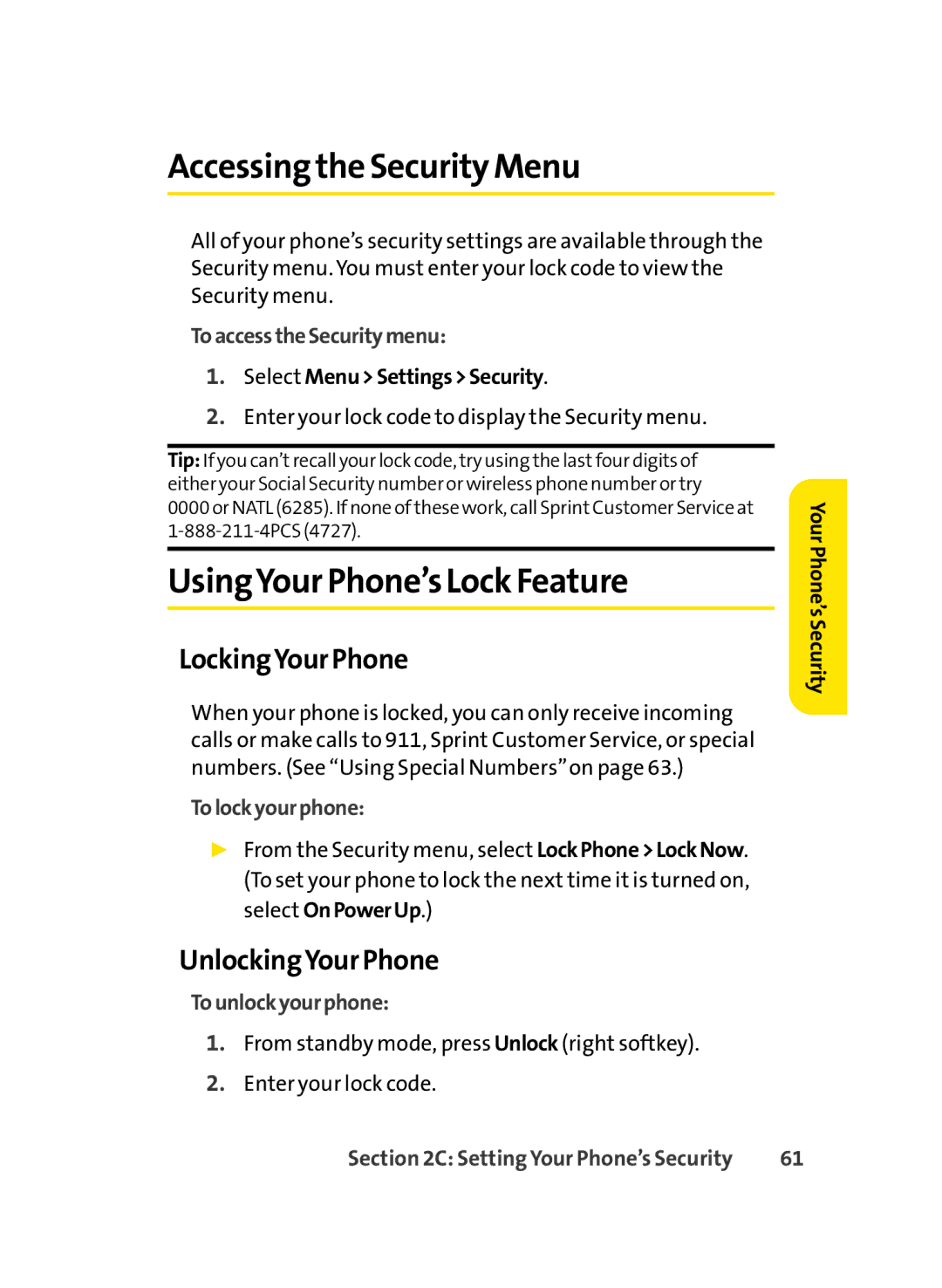 Sprint Nextel LX350 Accessing the Security Menu, UsingYour Phone’s Lock Feature, LockingYour Phone, UnlockingYour Phone 