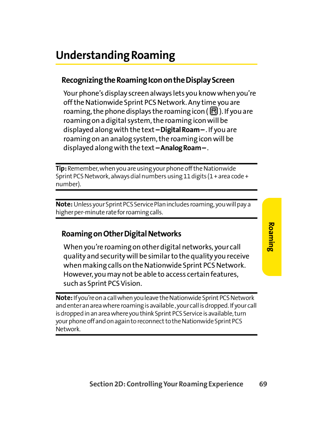 Sprint Nextel LX350 Understanding Roaming, RecognizingtheRoamingIconontheDisplayScreen, RoamingonOtherDigitalNetworks 