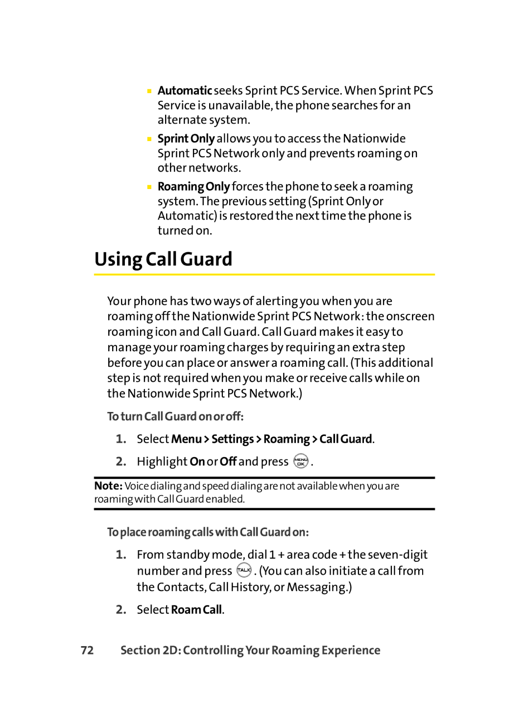 Sprint Nextel LX350 manual Using Call Guard, ToturnCallGuardonoroff, Select MenuSettingsRoamingCallGuard 