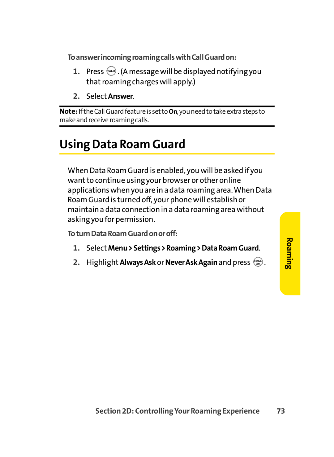 Sprint Nextel LX350 manual Using Data Roam Guard, ToanswerincomingroamingcallswithCallGuardon, ToturnDataRoamGuardonoroff 