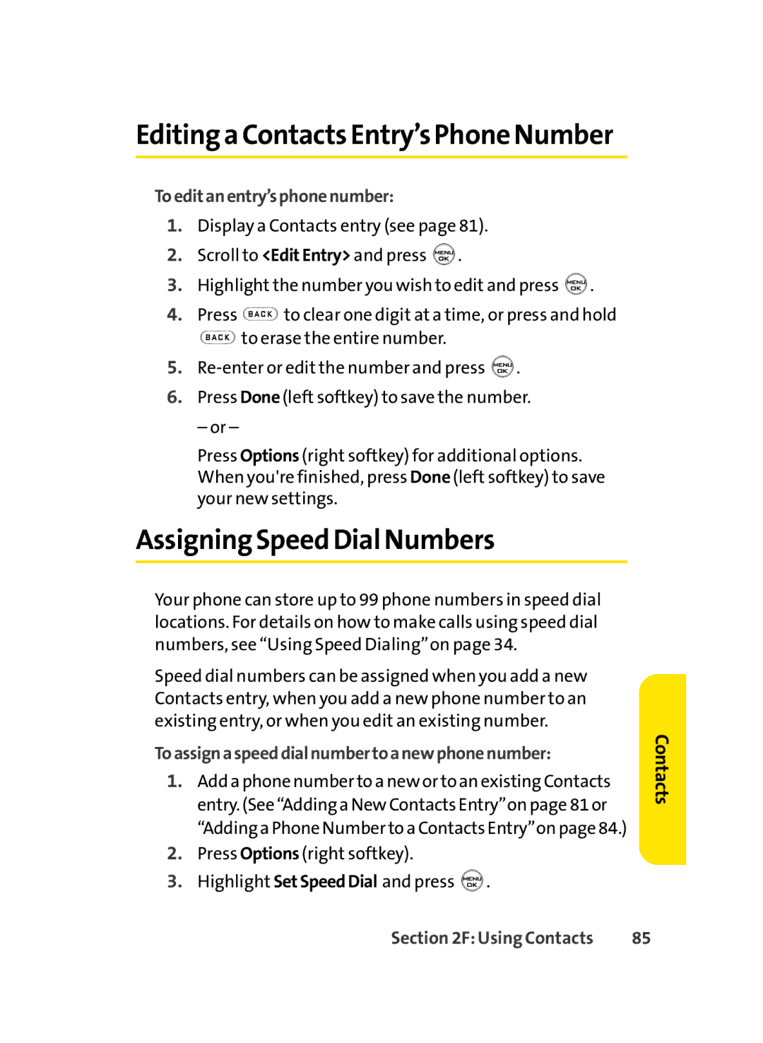 Sprint Nextel LX350 Assigning Speed Dial Numbers, Toeditanentry’sphonenumber, Toassignaspeeddialnumbertoanewphonenumber 