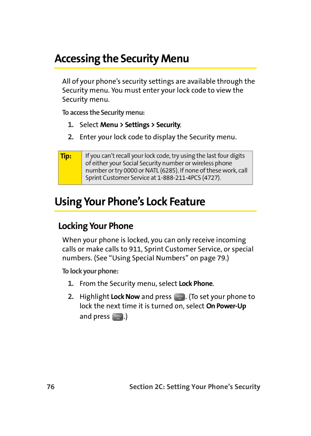 Sprint Nextel M500 Accessing the Security Menu, Using Your Phone’s Lock Feature, Locking Your Phone, To lock your phone 