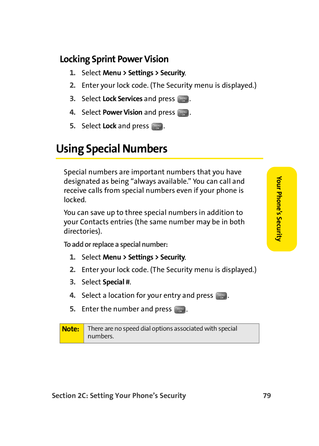 Sprint Nextel M500 manual Using Special Numbers, Locking Sprint Power Vision, To add or replace a special number 