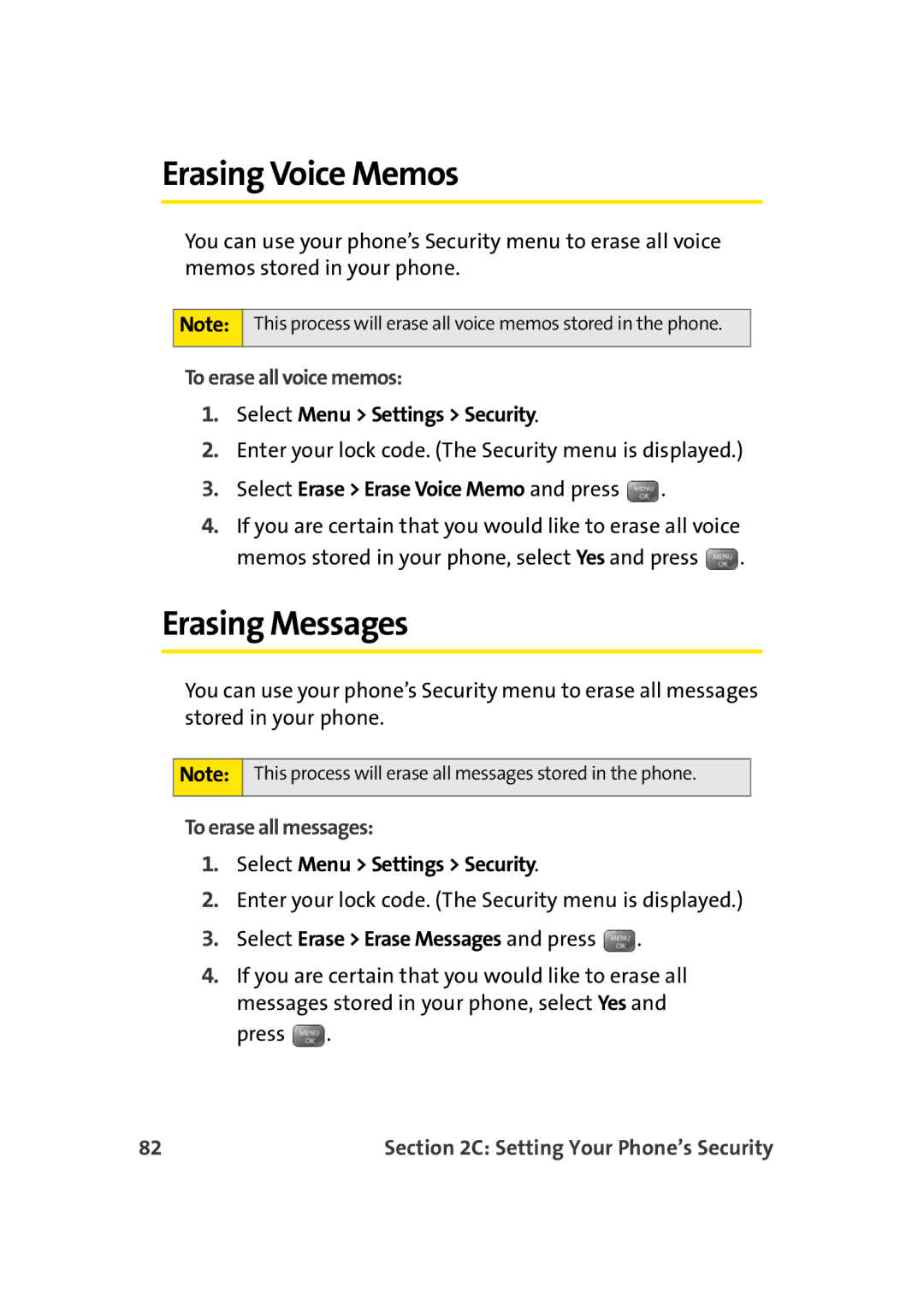 Sprint Nextel M500 manual Erasing Voice Memos, Erasing Messages, To erase all voice memos, To erase all messages 