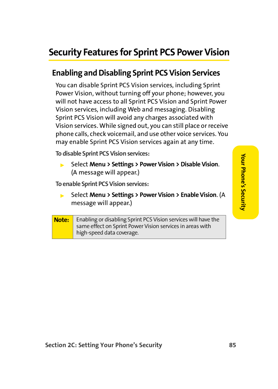 Sprint Nextel M500 manual Security Features for Sprint PCS Power Vision, Enabling and Disabling Sprint PCS Vision Services 