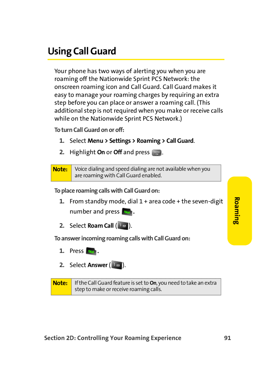 Sprint Nextel M500 manual Using Call Guard, To turn Call Guard on or off, Select Menu Settings Roaming Call Guard 