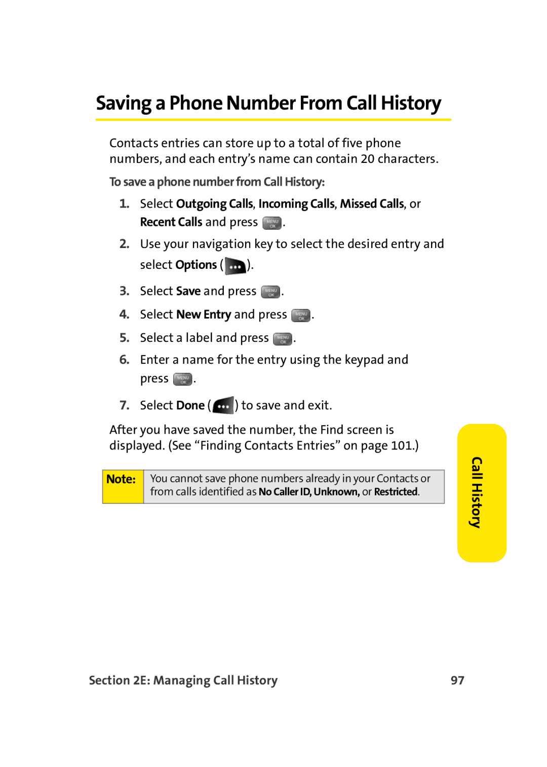 Sprint Nextel M500 manual Saving a Phone Number From Call History, To save a phone number from Call History 