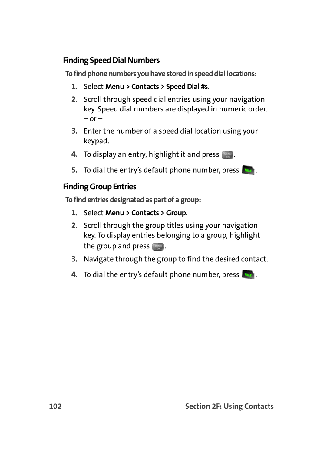 Sprint Nextel M500 Finding Speed Dial Numbers, Finding Group Entries, To find entries designated as part of a group, 102 