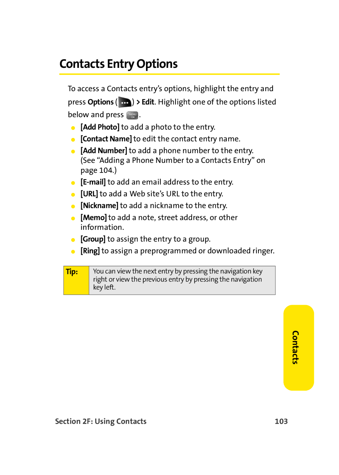 Sprint Nextel M500 manual Contacts Entry Options, Using Contacts 103 