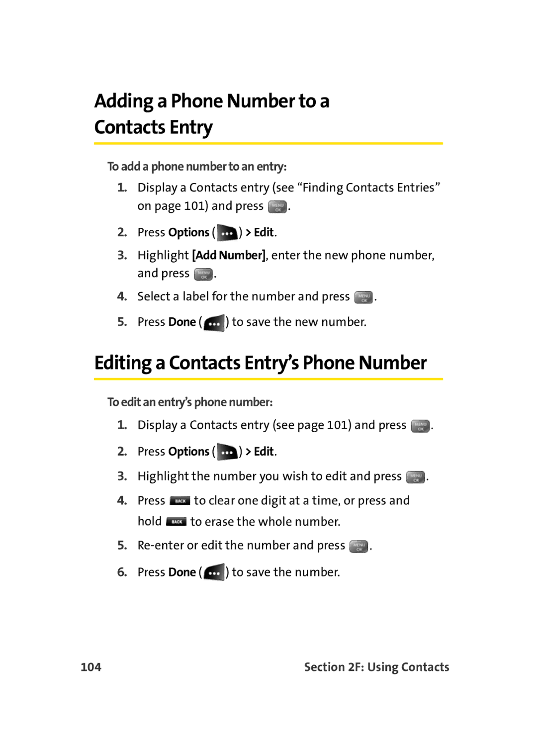 Sprint Nextel M500 manual Adding a Phone Number to a Contacts Entry, Editing a Contacts Entry’s Phone Number, 104 