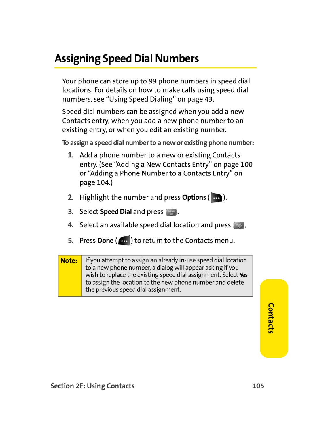 Sprint Nextel M500 manual Assigning Speed Dial Numbers, Using Contacts 105 