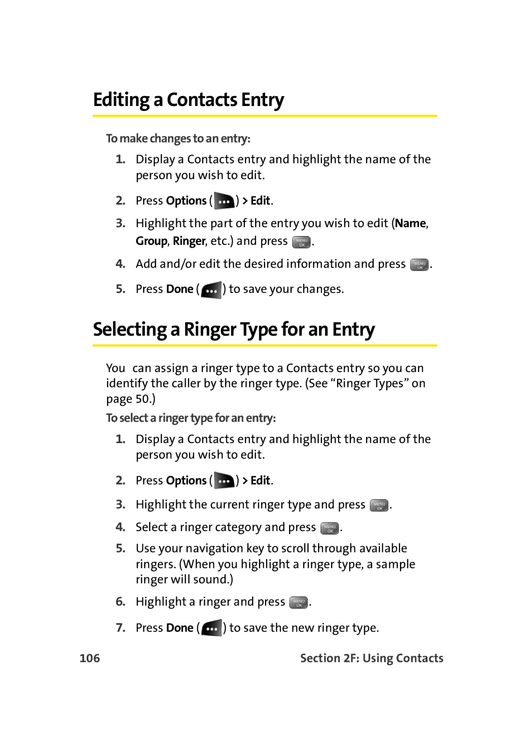 Sprint Nextel M500 manual Editing a Contacts Entry, Selecting a Ringer Type for an Entry, To make changes to an entry, 106 