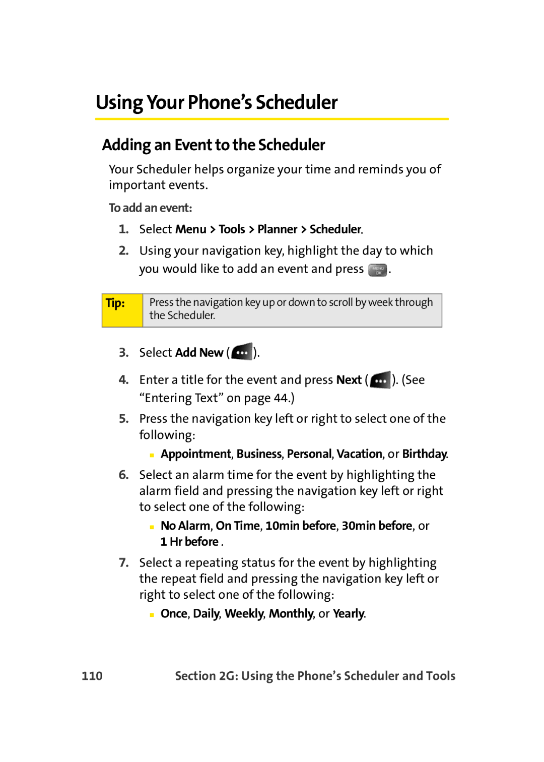 Sprint Nextel M500 manual Using Your Phone’s Scheduler, Adding an Event to the Scheduler, To add an event, 110 