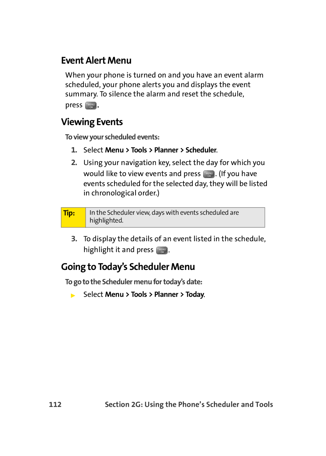 Sprint Nextel M500 manual Event Alert Menu, Viewing Events, Going to Today’s Scheduler Menu 