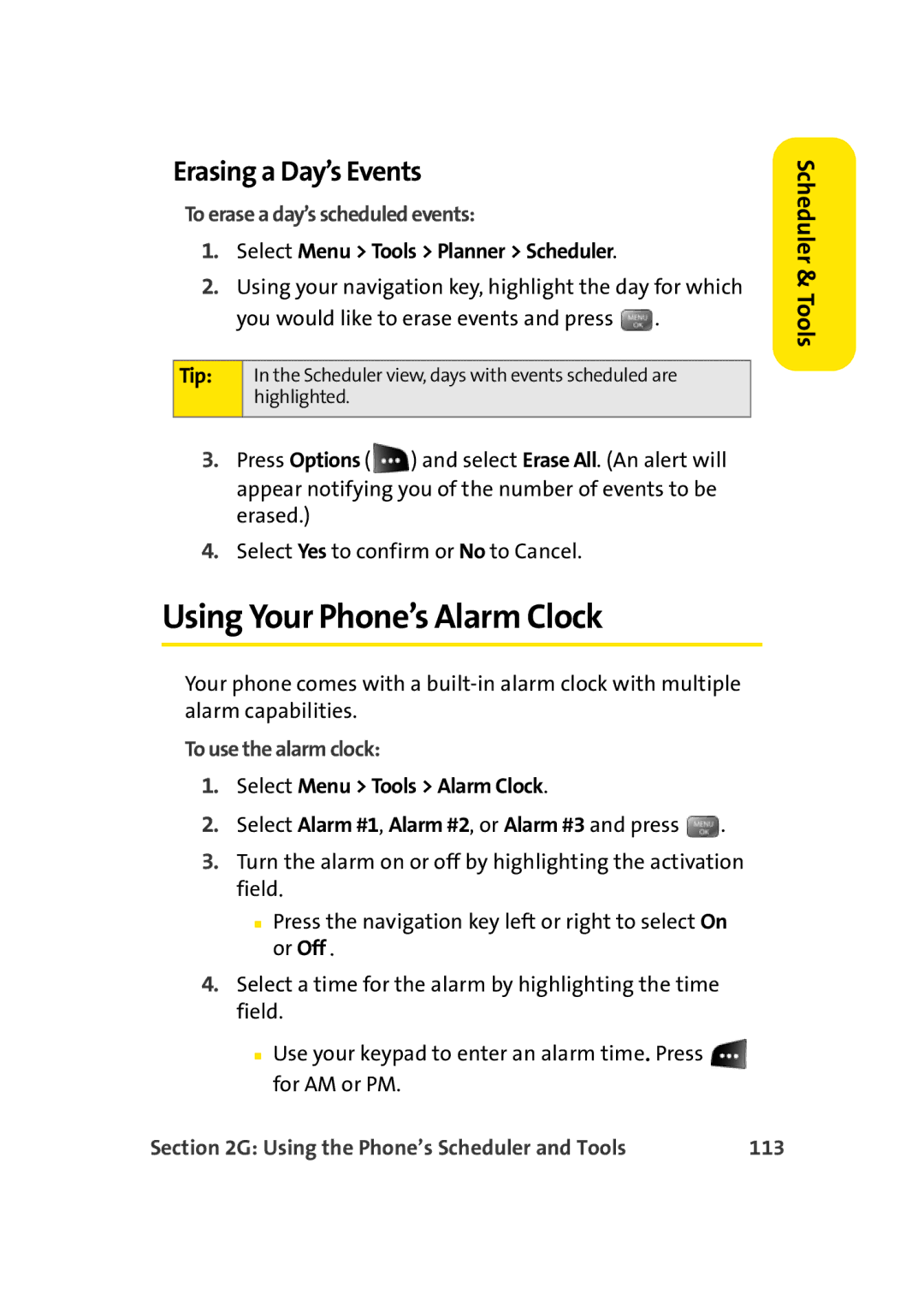 Sprint Nextel M500 manual Using Your Phone’s Alarm Clock, Erasing a Day’s Events, To erase a day’s scheduled events, 113 