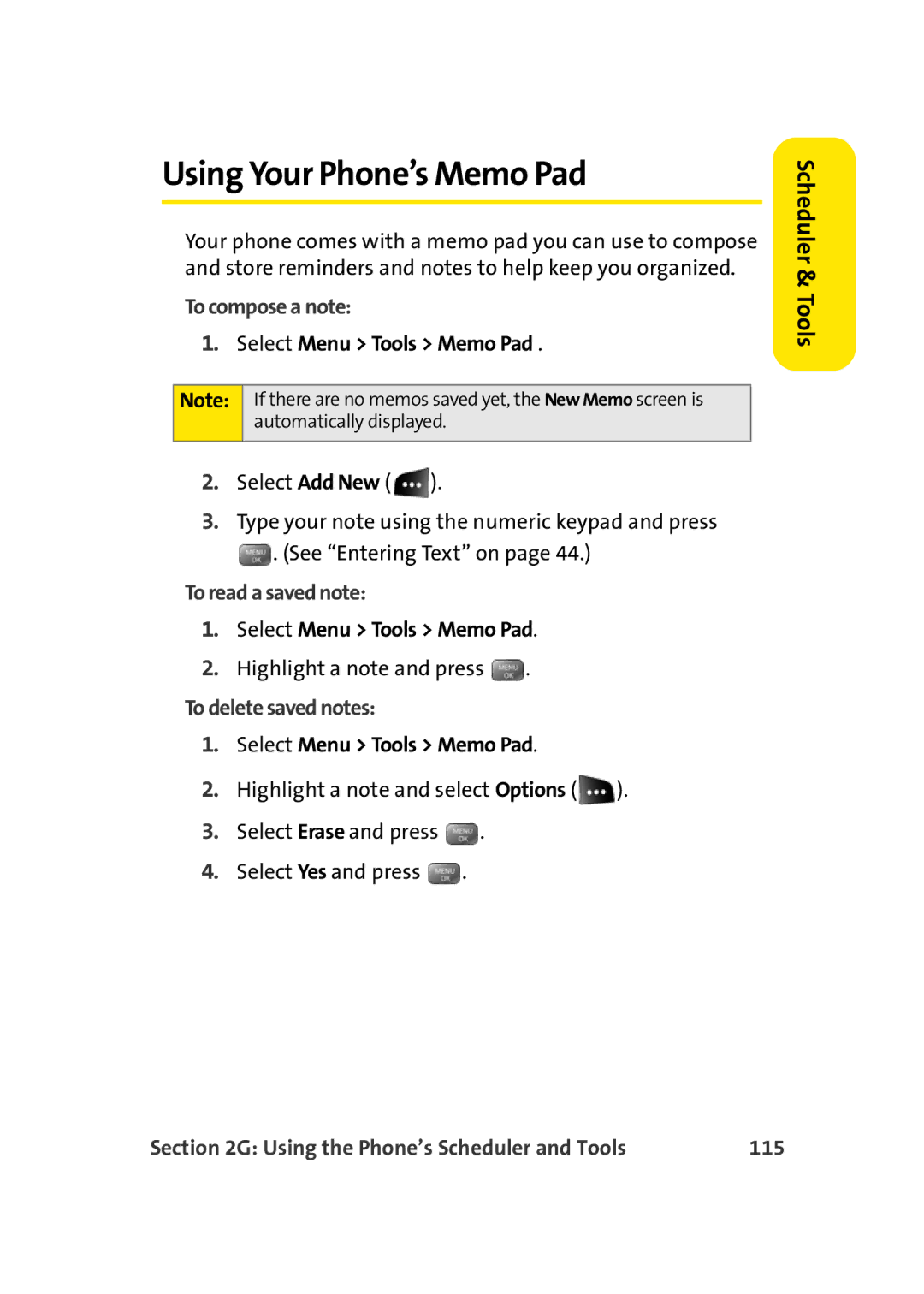 Sprint Nextel M500 manual Using Your Phone’s Memo Pad, To compose a note, To read a saved note, To delete saved notes, 115 