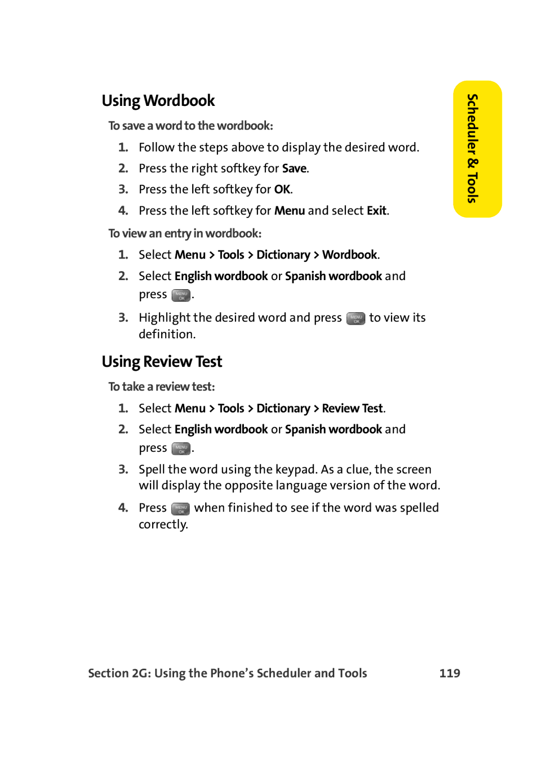 Sprint Nextel M500 manual Using Wordbook, Using Review Test 