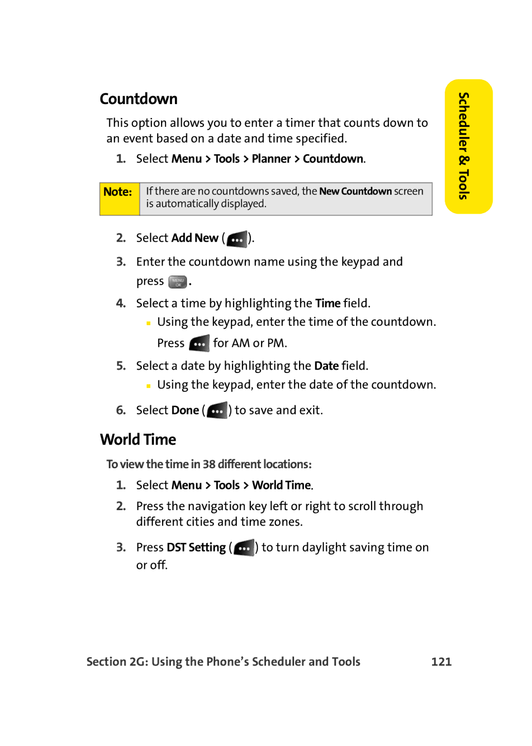 Sprint Nextel M500 manual Countdown, World Time, To view the time in 38 different locations, 121 