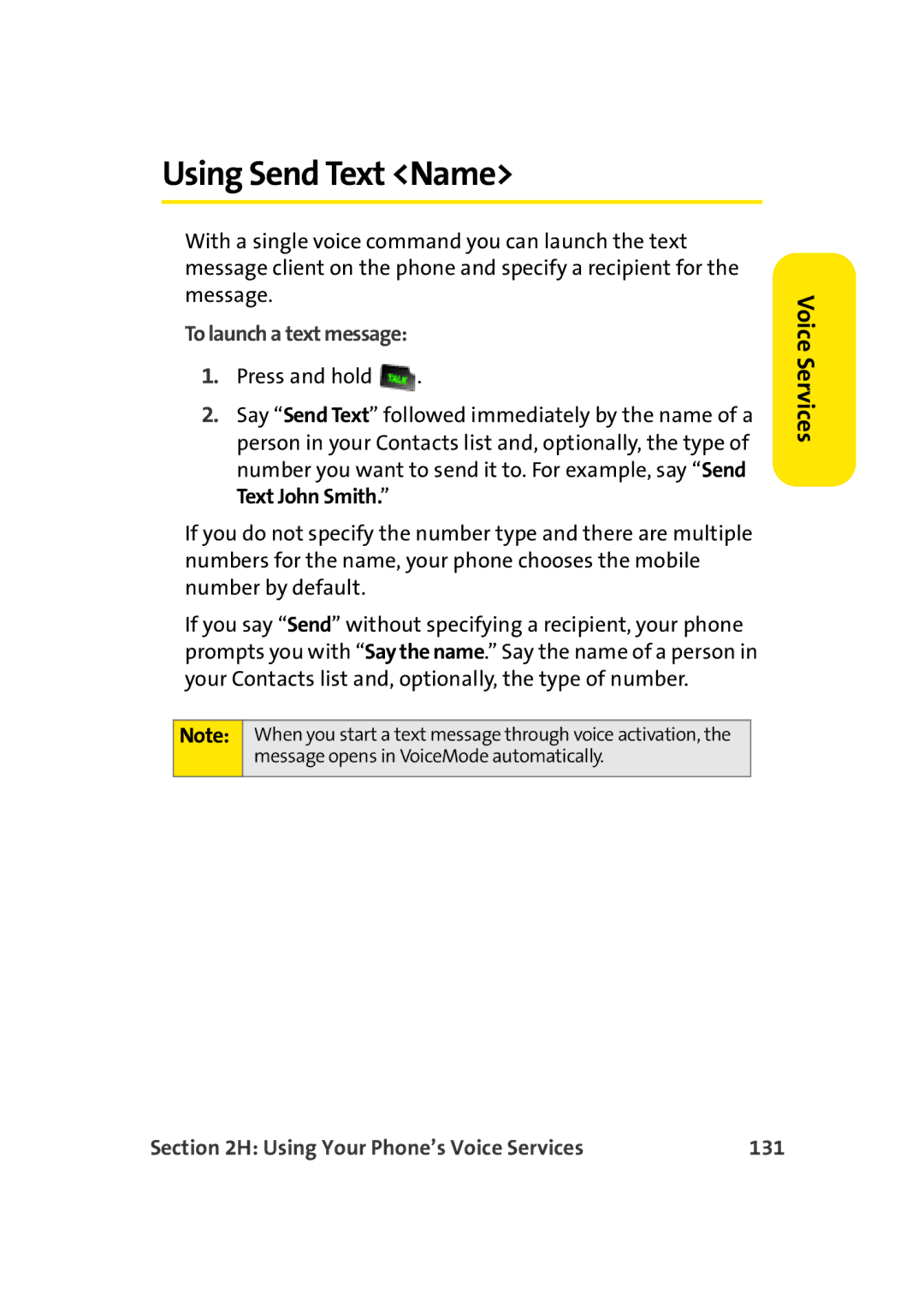 Sprint Nextel M500 manual Using Send Text Name, To launch a text message, Using Your Phone’s Voice Services 131 