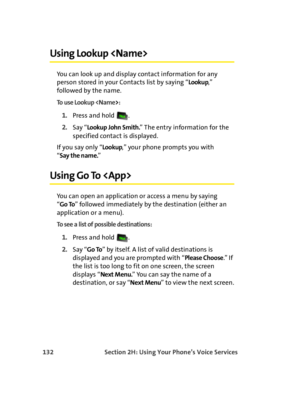 Sprint Nextel M500 Using Lookup Name, Using Go To App, To use Lookup Name, To see a list of possible destinations, 132 