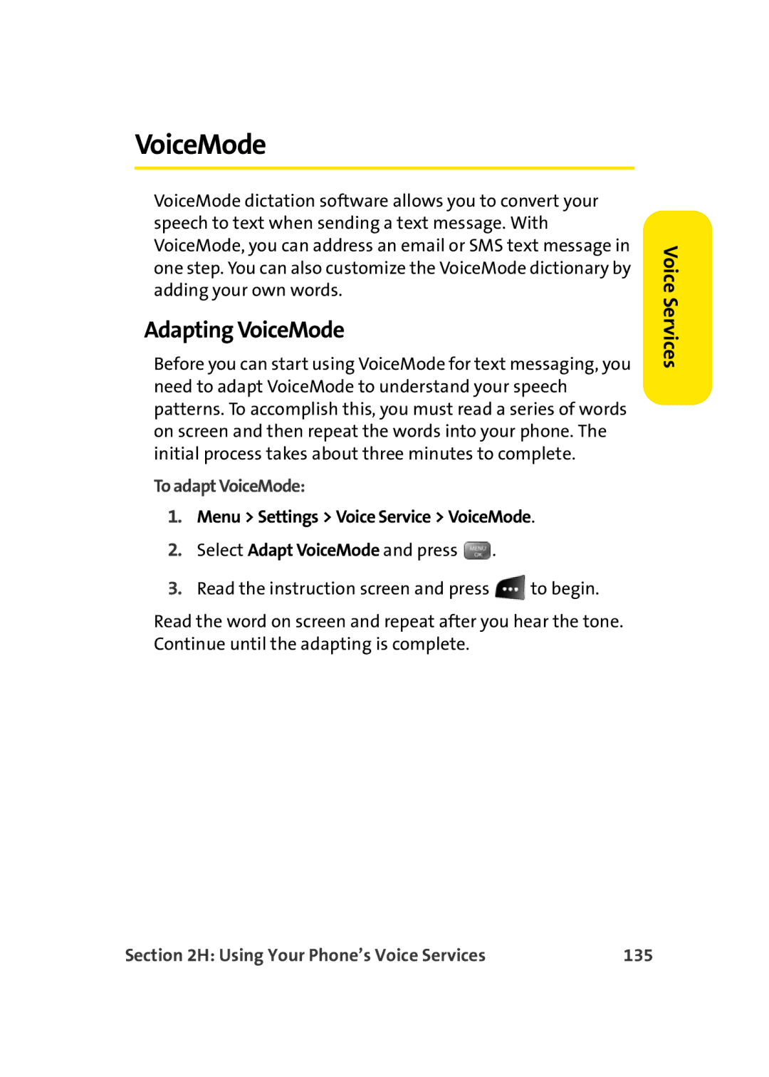 Sprint Nextel M500 manual Adapting VoiceMode, To adapt VoiceMode, Menu Settings Voice Service VoiceMode 