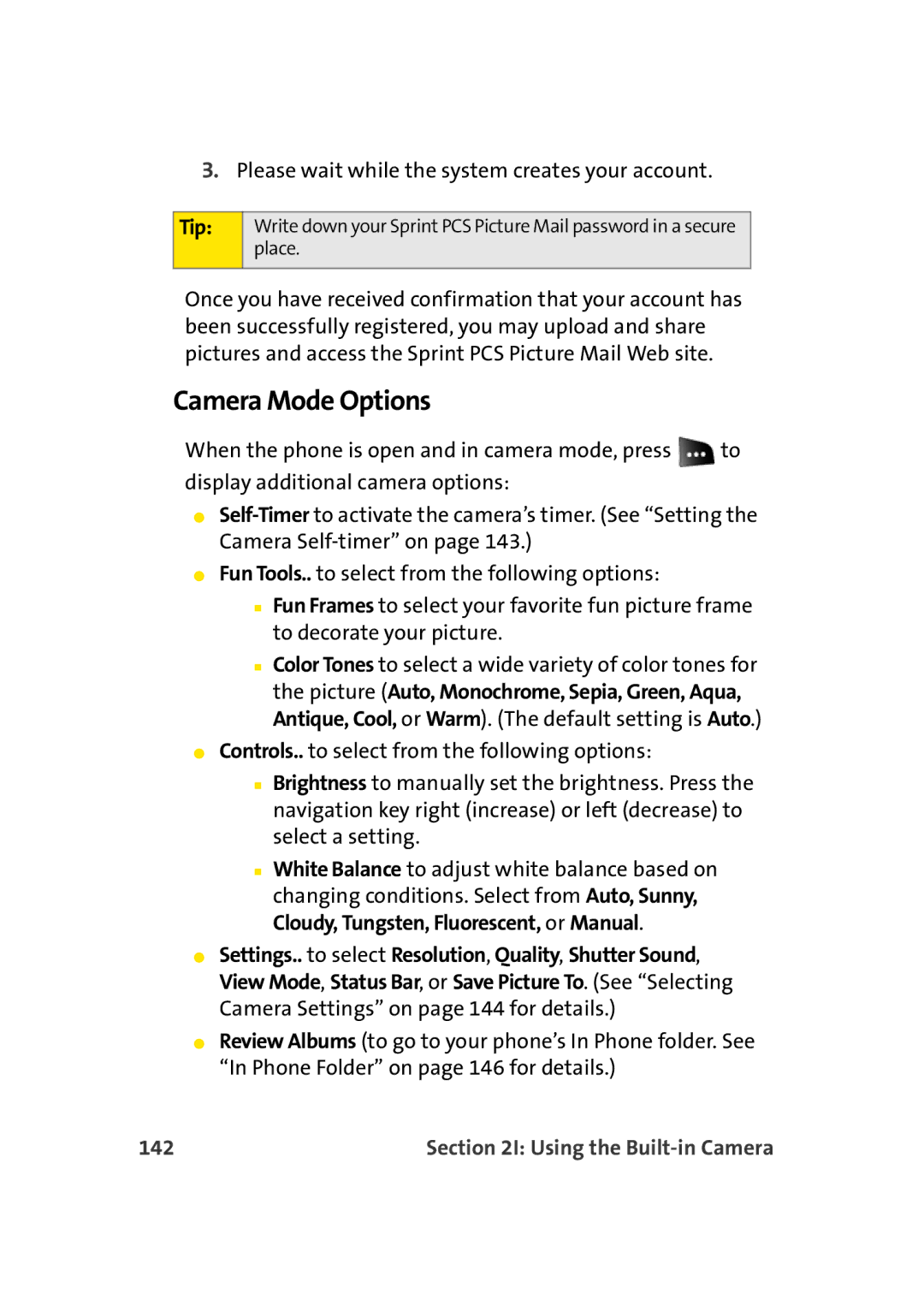 Sprint Nextel M500 manual Camera Mode Options, 142 