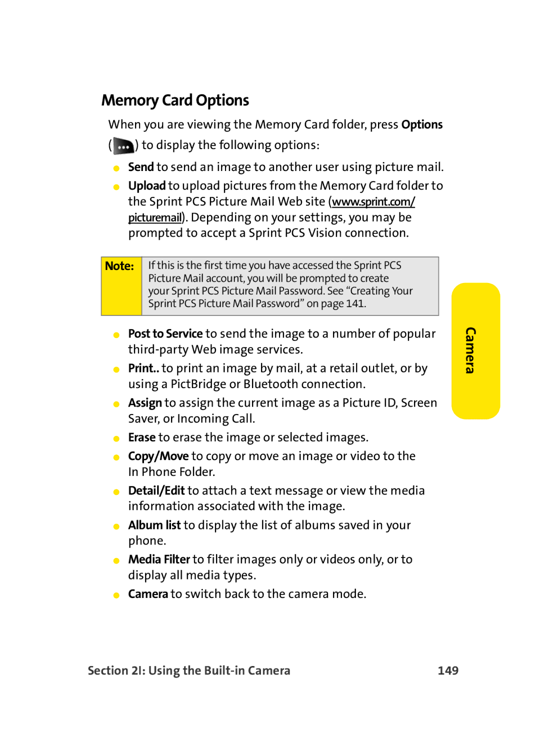 Sprint Nextel M500 manual Memory Card Options, Using the Built-in Camera 149 