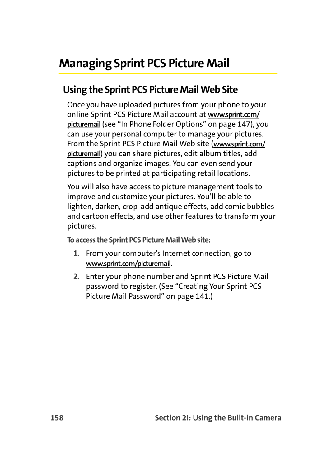 Sprint Nextel M500 manual Managing Sprint PCS Picture Mail, Using the Sprint PCS Picture Mail Web Site, 158 