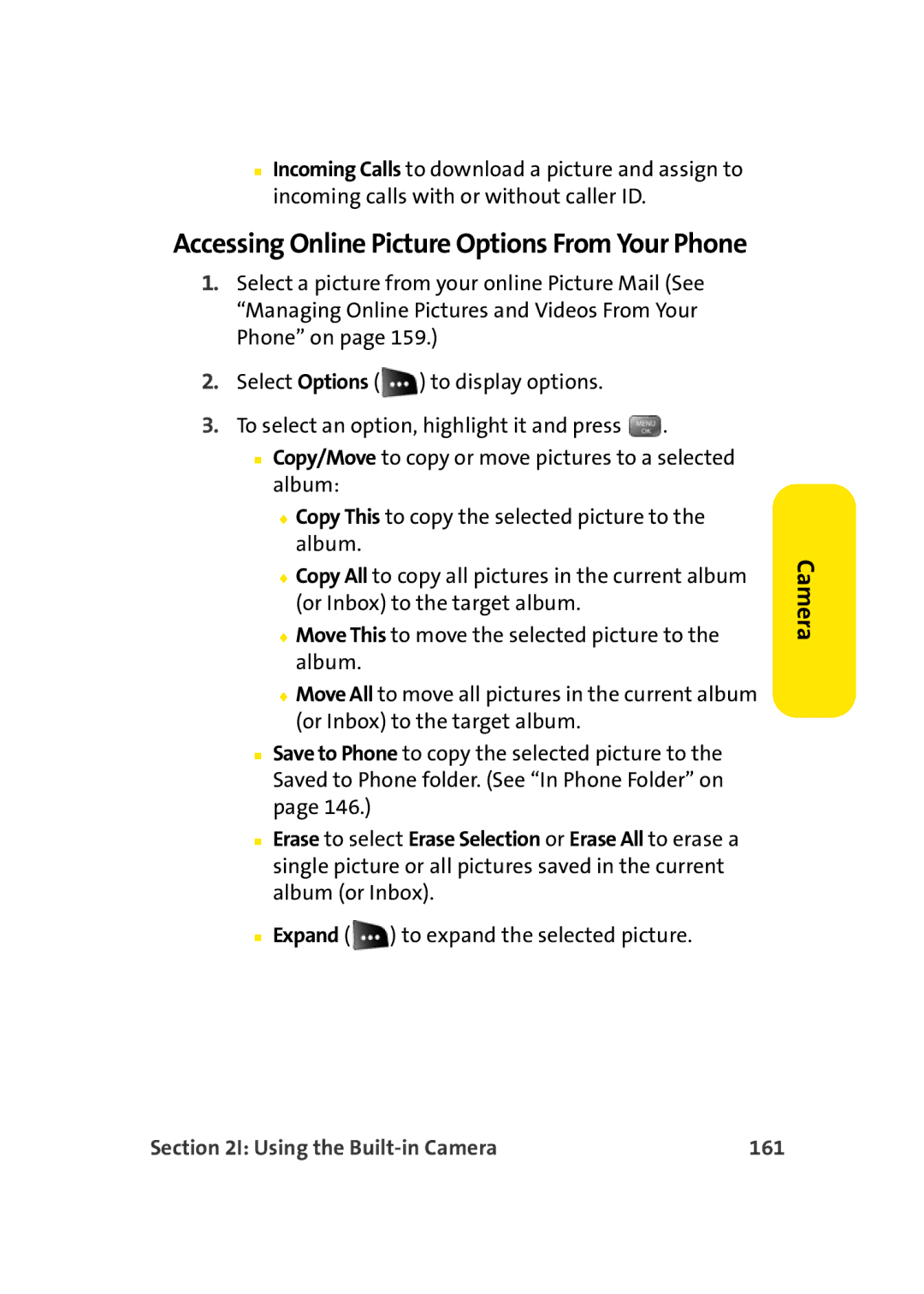 Sprint Nextel M500 manual Accessing Online Picture Options From Your Phone, Using the Built-in Camera 161 