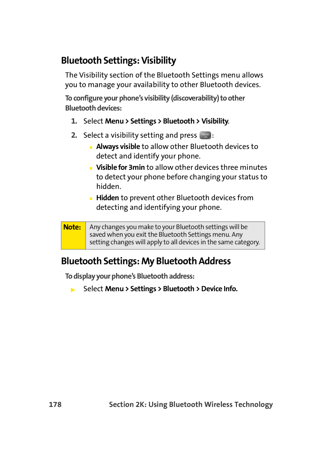 Sprint Nextel M500 manual Bluetooth Settings Visibility, Bluetooth Settings My Bluetooth Address, 178 