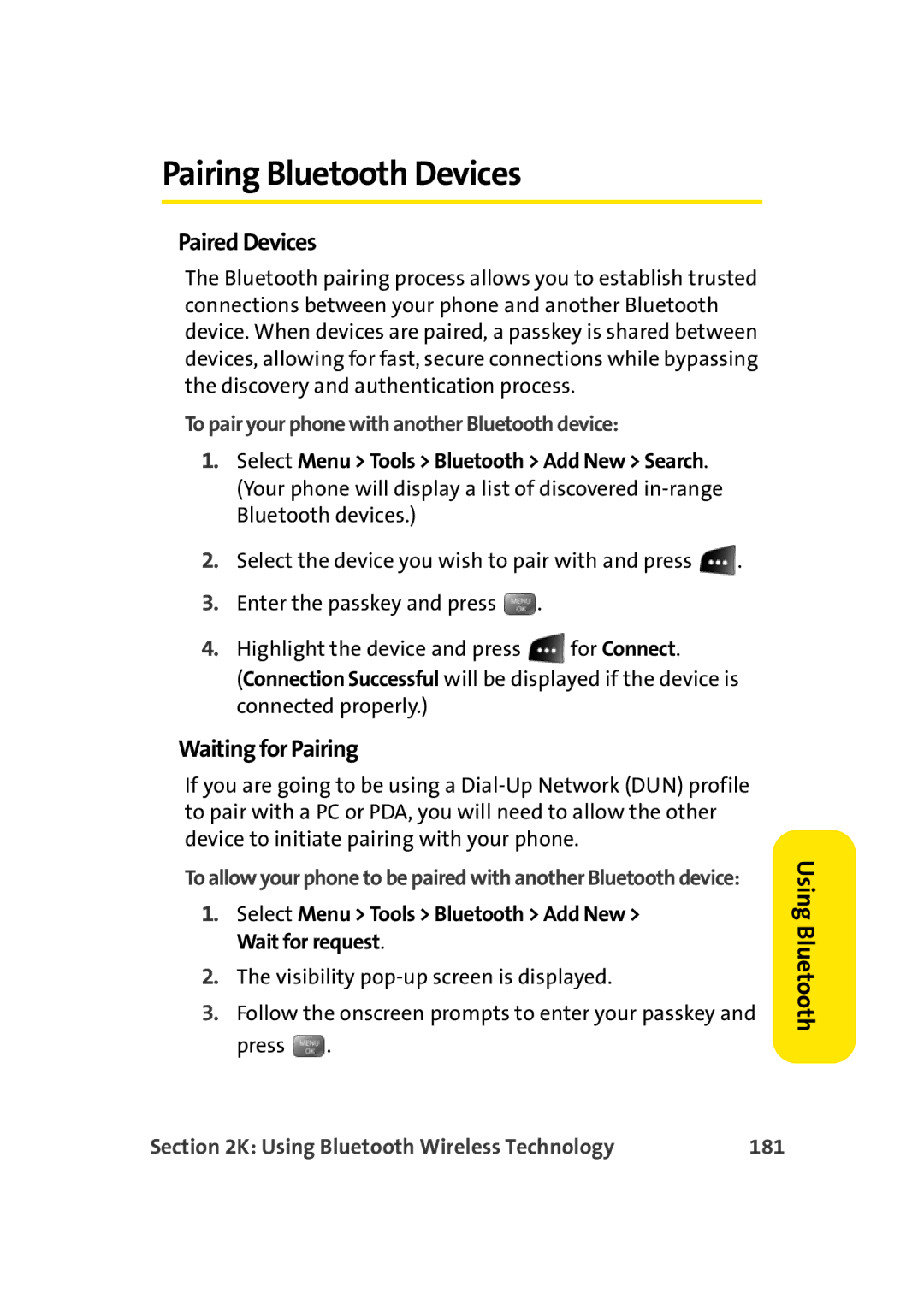 Sprint Nextel M500 Pairing Bluetooth Devices, Paired Devices, Waiting for Pairing, Using Bluetooth Wireless Technology 181 