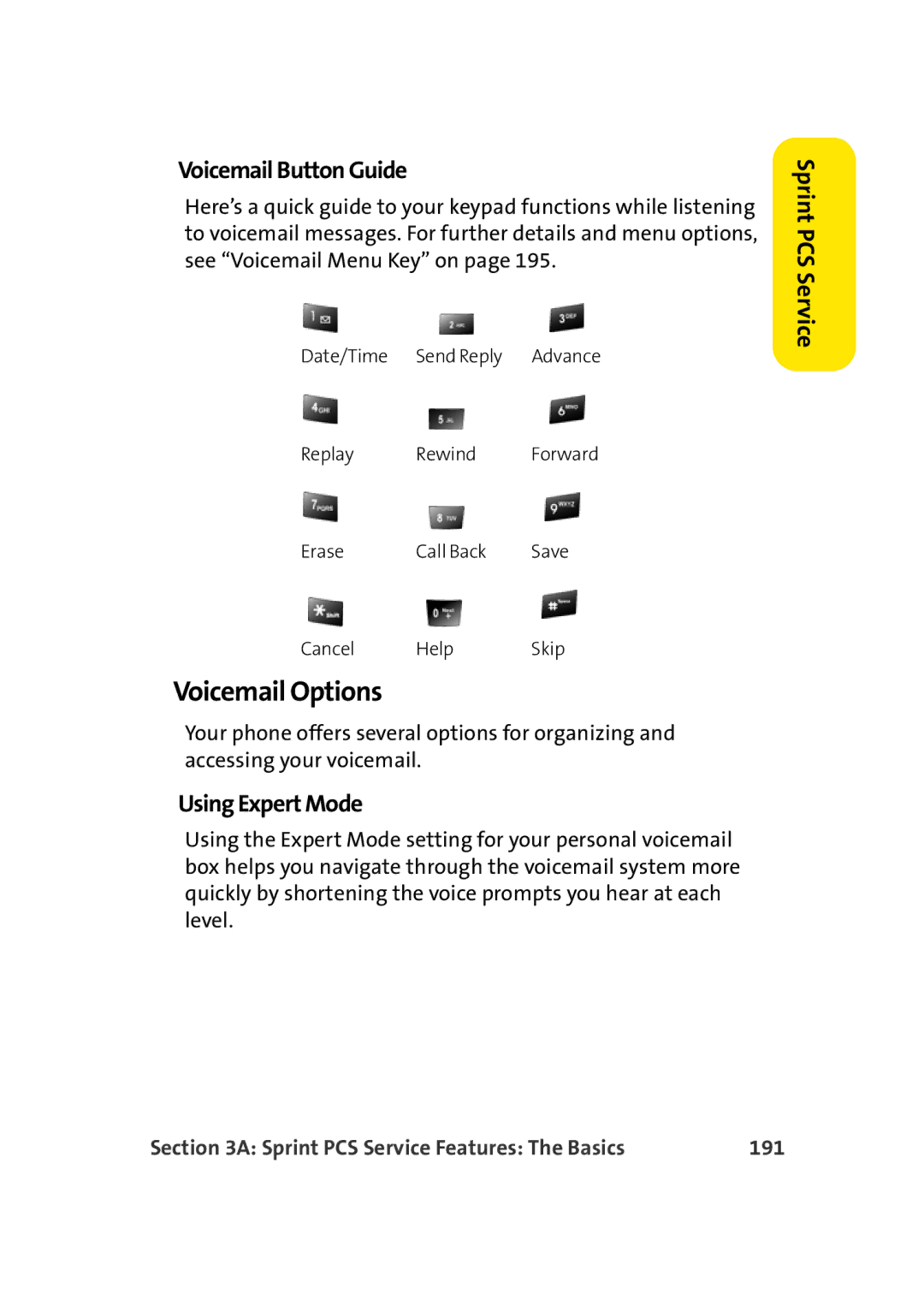 Sprint Nextel M500 manual Voicemail Options, Voicemail Button Guide, Using Expert Mode, 191 