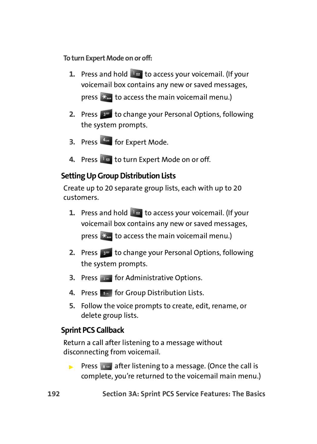 Sprint Nextel M500 manual Setting Up Group Distribution Lists, Sprint PCS Callback, To turn Expert Mode on or off, 192 